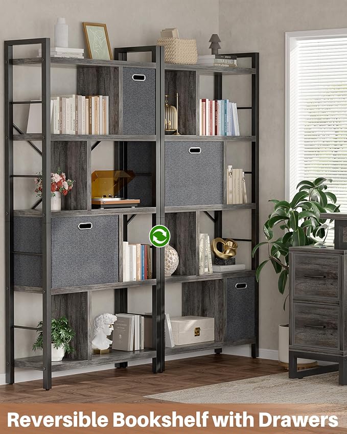Armocity Bookshelf with Drawers - 5 Tier Tall Bookcase Geometric Modern Book Shelf Display Standing Bookshelves with Storage for Living Room, Bedroom Home Office, Grey Oak