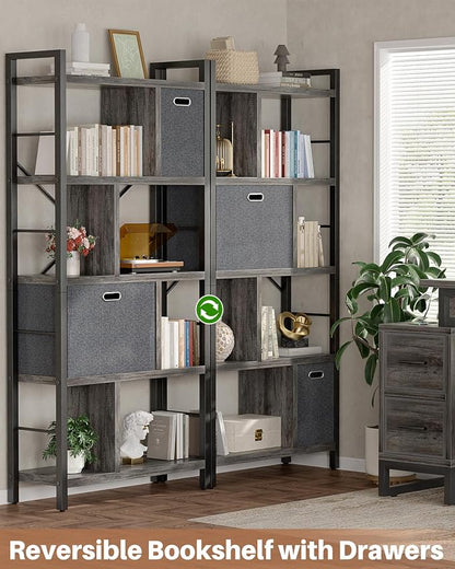 Armocity Bookshelf with Drawers - 5 Tier Tall Bookcase Geometric Modern Book Shelf Display Standing Bookshelves with Storage for Living Room, Bedroom Home Office, Grey Oak