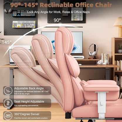 Vonesse Big and Tall Office Chair, Desk Chair with Soft Adjustable Armrests, Ergonomic High Back Gaming Chair with Lumbar Support, Executive Computer Chairs with Footrest (PU Leather, Pink)