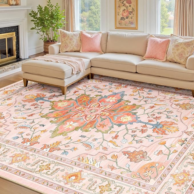 RELEANY Area Rugs 7'x10' Washable Non-Slip, Floral Vintage Distress Medallion Carpet for Living Room Bedroom Dining Room, Light Pink Colorful