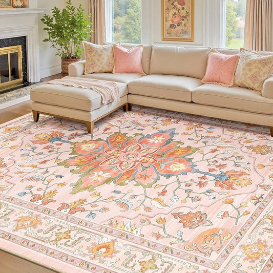 RELEANY Area Rugs 7'x10' Washable Non-Slip, Floral Vintage Distress Medallion Carpet for Living Room Bedroom Dining Room, Light Pink Colorful