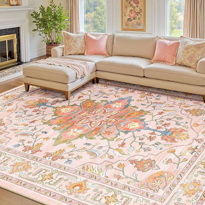 RELEANY Area Rugs 8'x10' Washable Non-Slip, Floral Vintage Distress Medallion Carpet for Living Room Bedroom Dining Room, Light Pink Colorful