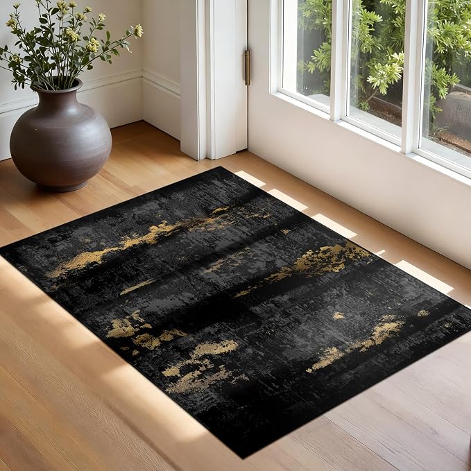 RELEANY Washable Area Rugs 2'x3' Non-Slip Modern Abstract Soft for Living Room Entryway Bedroom Kitchen, Print Pattern, Dark Black Gold