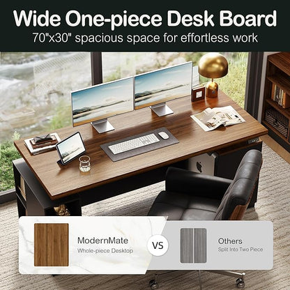 ModernMate 71" Electric Standing Executive Desk with Privacy Panel, Large One-Piece Height Adjustable Stand Up Desk, Power Outlet & Storage for Home Office, Black Walnut