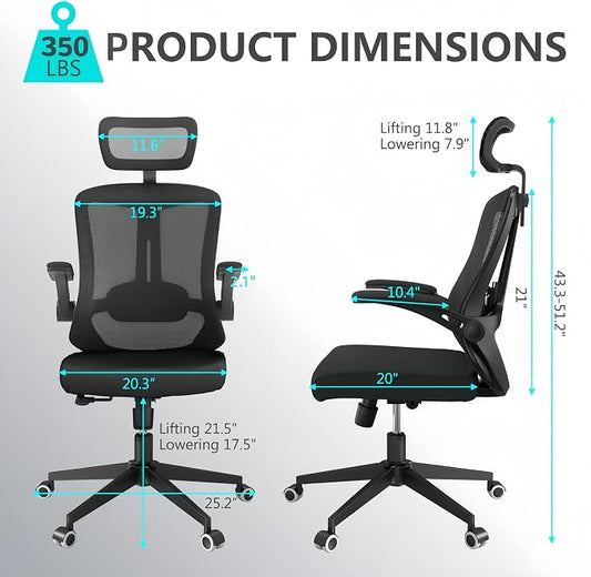 Ergonomic Office Chair - 350LB Comfy Desk Chairs with Adjustable Headrest and Lumbar Back Support, Mesh Computer Chairs with Wheels and Arms for Home Office, Study (Black-with Headrest)