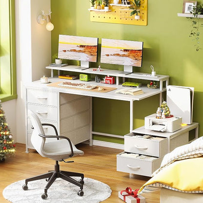 52 Inch Office Desk with 6 Drawers and Printer Space for Storage, Reversible Computer Desk with Monitor Stand & Power Outlets, Home Office Desks, White