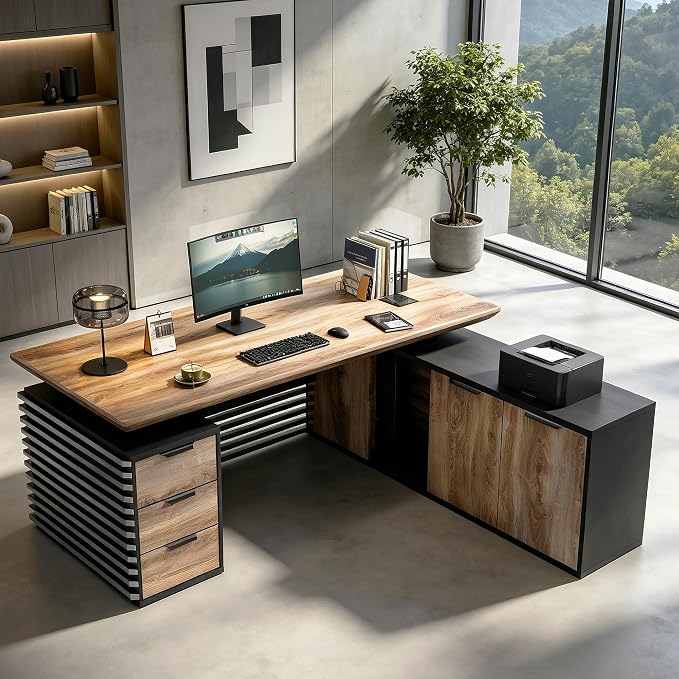 SAINTCY 70.87In L Shaped Executive Standing Desk with Drawers, Large Modern Adjustable Heigh Home Office Desk w/Universal Charging Ports, Business Workstation, Black and Warm Oak