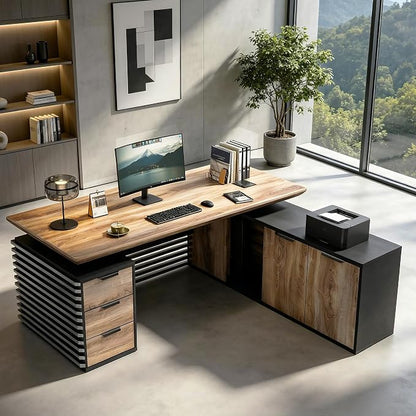 SAINTCY 70.87In L Shaped Executive Standing Desk with Drawers, Large Modern Adjustable Heigh Home Office Desk w/Universal Charging Ports, Business Workstation, Black and Warm Oak