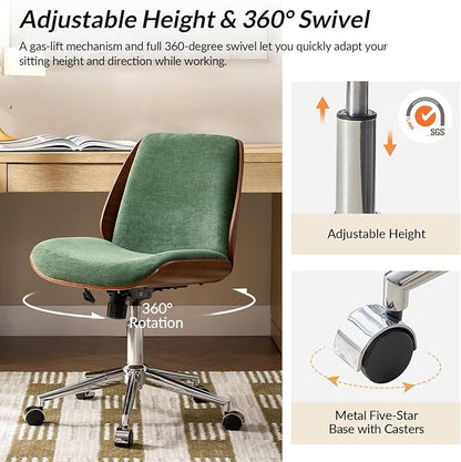 HULALA HOME Fabric Home Office Chair with Bent Wood Design & Rocking Tilt Function, Modern Swivel Desk Chair with Adjustable Height, Comfy Upholstered Armless Computer Task Chair, Forest