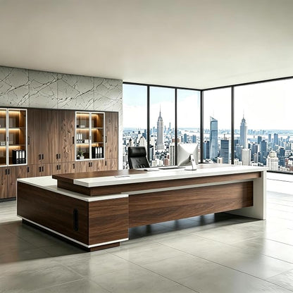 L Shaped Executive Desk with Drawers, Modern Large Wood Home Office Desk, Computer Desk with Storage for Boss Office Workstation