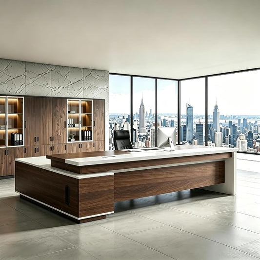 L Shaped Executive Desk with Drawers, Modern Large Wood Home Office Desk, Computer Desk with Storage for Boss Office Workstation