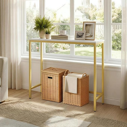 HOOBRO Narrow Console Table, 29.5" Small Entryway Table, Thin Sofa Table, Side Table, Display Table, for Hallway, Bedroom, Living Room, Foyer, White and Gold DW75XG01