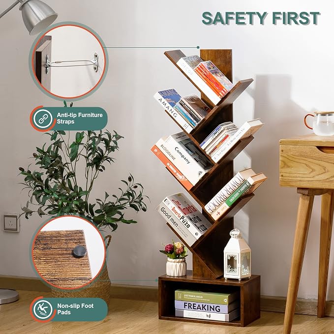 Yoobure Tree Bookshelf - 6 Shelf Retro Floor Standing Bookcase, Tall Wood Book Storage Rack for CDs/Movies/Books, Utility Book Organizer Shelves for Bedroom, Living Room, Home Office, Rustic Brown