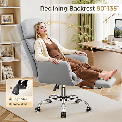 Big and Tall Office Chair 500LBS, Ergonomic High Back Leather Executive Chair, Reclining Swivel with Adjustable Armrests Lumbar Support Footrest, Cross Legged, Light Gray