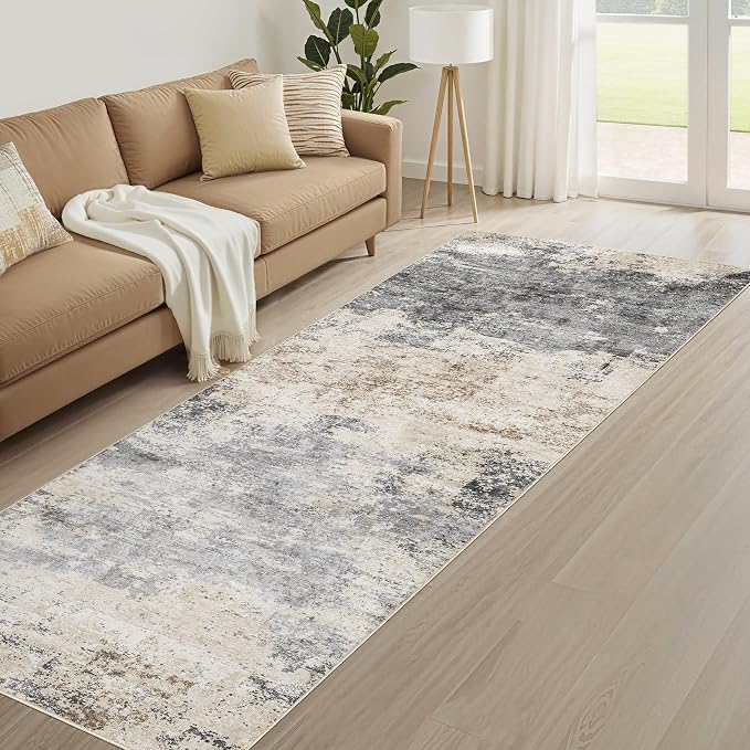 Runner Rug Kitchen Washable Rugs: 3x8 Non-Slip Abstract Soft Modern Stain Resistant Indoor Floor Neutral Accent Throw Carpet for Hallway Bathroom Laundry Room Entryway Bedroom- Grey Brown
