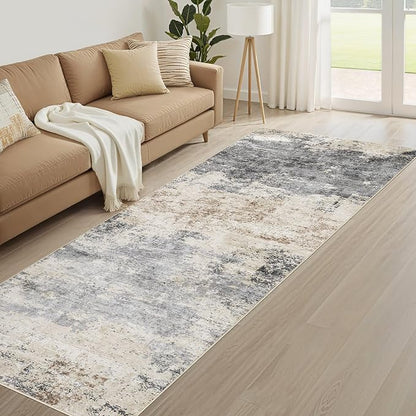Runner Rug Kitchen Washable Rugs: 3x8 Non-Slip Abstract Soft Modern Stain Resistant Indoor Floor Neutral Accent Throw Carpet for Hallway Bathroom Laundry Room Entryway Bedroom- Grey Brown