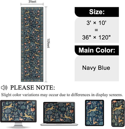 DUKINO 3x10 Washable Runner Rug for Hallway, Lightweight Long Kitchen Rug with Low Pile Design, Vintage Animal Non Shedding Thin Indoor Carpet for Entryway, Bathroom, Bedroom, Laundry Room, Navy Blue