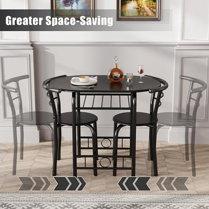 JUMMICO 3-Piece Wooden Round Table & Chair Set, Space Saving Kitchen Breakfast Nook Wood Grain Tabletop with Metal Frame and Built-in Wine Rack for Kitchen, Dining Room (Black)