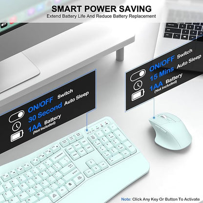 Wireless Keyboard and Mouse Combo, 2.4G Full Size Wave Keys Ergonomic Keyboard with Wrist Rest and 3-Level DPI Adjustable Wireless Ergonomic Mouse for Windows, Mac OS Desktop/Laptop/PC(Mint Green)