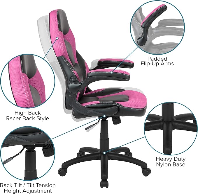 Flash Furniture X10 High-Back LeatherSoft Racing Style Gaming Chair with Flip-Up Arms, Ergonomic Padded Swivel Computer Chair, Pink/Black