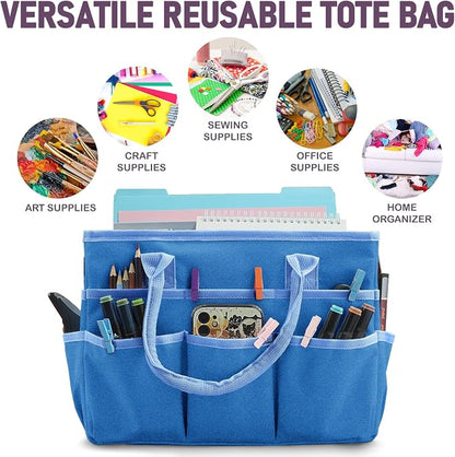 Cupohus Art Organizer Craft Storage Tote Bag with Pockets and Handles, Oxford Fabric Carrying Caddy for Teacher, Officer, Artist, Traveler, and more –Blue