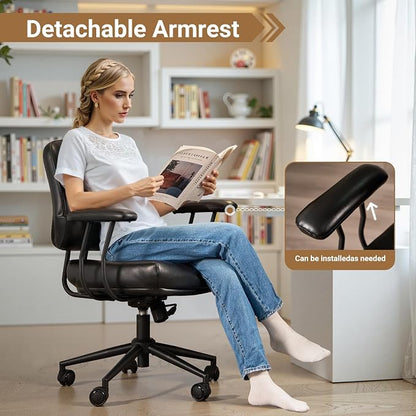 Ergonomic Home Office Chair, Mid-Century Faux Leather Home Office Desk Chairs with Wheels, Office Computer Chair with Rocking Swivel (Black,PU Leather)