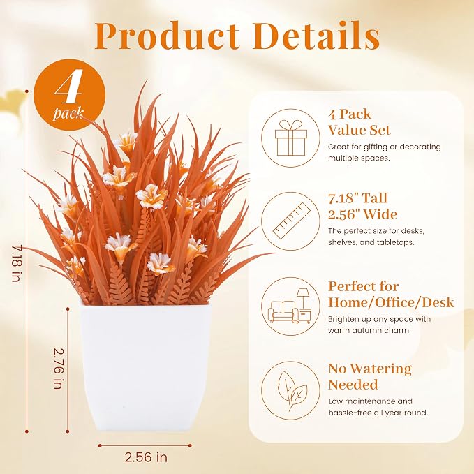 Der Rose 4 Pack Fall Fake Flowers Mums Artificial Plants in Pots Home Decor | Autumn-color potted flowers, warm seasonal faux blooms, for bathroom desk shelf office wedding and fall farmhouse home decor