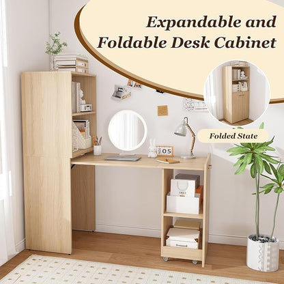 Folding Out Desk with Storage Shelves, Expandable Hidden Computer Desk, Foldable Space-Saving Pull Out Murphy Table, Writing Table with Wheels for Home Office Bedroom Small Spaces (Natural Wood.)