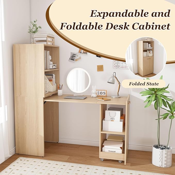 Folding Out Desk with Storage Shelves, Convertible Murphy Table, Expandable Hidden Computer Desks, Pull Out Home Office Desk with Mobile Wheels, Hidden Writing Desks for Small Spaces (Natural Wood)