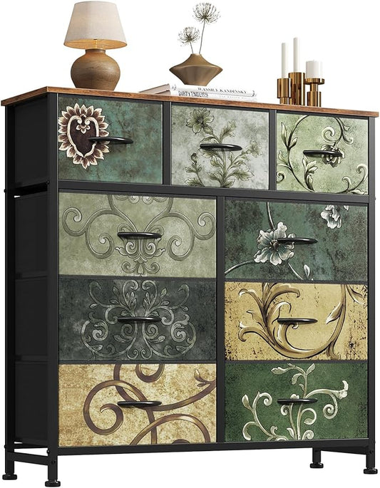 DUMOS Dresser for Bedroom, Storage Organizer with 9 Drawers, Chest of Drawers with Fabric Bins, Sturdy Metal Frame, Wood Tabletop for Guest Room, Closet, Entryway,Vintage