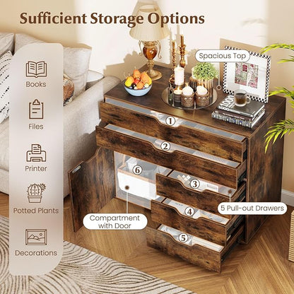 File Cabinet, 5 Drawer Filing Cabinet with Door, Mobile Storage Organizer, Wooden Printer Stand on Wheels for Study Home Office Living Room (Rustic Brown)