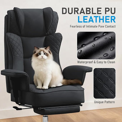 Big and Tall Office Chair, Ergonomic Leather Reclining Chair with Footrest, High-Back Comfy Executive Computer Desk Chairs with Lumbar Support, Wide Seat, 400LBS (Black)