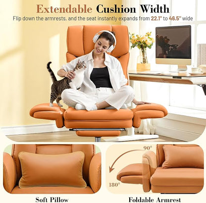 Big and Tall Office Chair, 400LBS Wide Leather Gaming Chair with Footrest, High Back Executive Chair, Reversible Armrest for Pets, 135° Reclining Cross Legged Desk Chair with Lumbar Support(Brown)