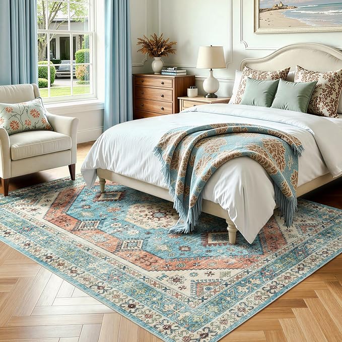 Lofus Vintage Living Room Rugs 5x7, Soft Machine Washable Area Rug for Bedroom Indoor Floor Home Office House Decor, Oriental Traditional Distressed Farmhouse Carpet, Boho Terracotta and Blue