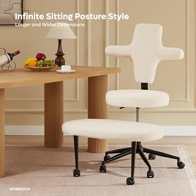 Pinmoco Ergonomic Cross Legged Office Chair Extra Wide for ADHD and Meditation, Kneeling Chair with 360° Swivel Wheels and Reversible Seating, Adjustable Height and Seat Depth, Teddy Fabric, White