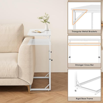 Vagusicc C Shaped End Table, Tall Side Table for Couch, C-Table End Table Adjustable Height Side Table, Large Surface Sofa Table TV Tray, Slide Under Couch Table for Sofa, Living Room, Bedroom, White