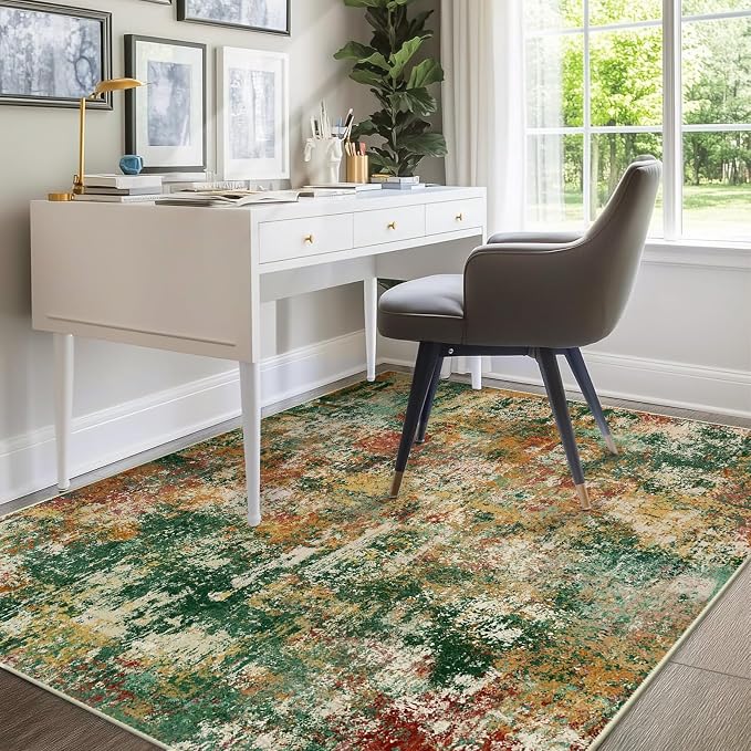 RELEANY Washable Area Rugs 9'x12' Non-Slip Modern Abstract Soft for Living Room Entryway Bedroom Kitchen, Print Pattern, Green Orange Rust Red Cream Colorful