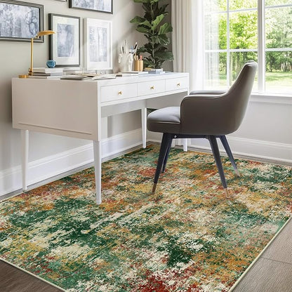 RELEANY Washable Area Rugs 9'x12' Non-Slip Modern Abstract Soft for Living Room Entryway Bedroom Kitchen, Print Pattern, Green Orange Rust Red Cream Colorful