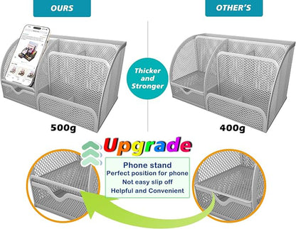 Boutilon Mesh Desk Organizer Desktop Office Supplies Stationary Organizer with 6 Compartments and 1 Drawer Multi-Functional Caddy Pen Holder for Home Office School Desk Decor(Silver)