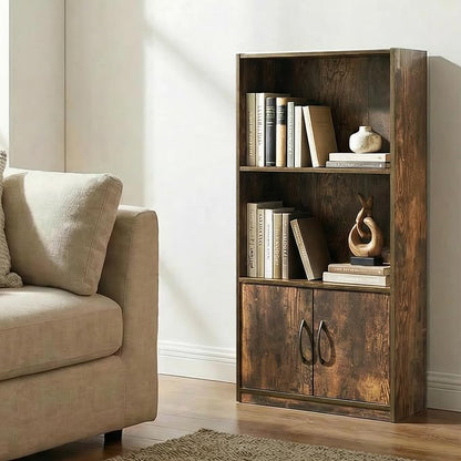 Furinno Gruen Book Shelf, 3-Tier Bookshelf, Bookcase with Open Shelf and 2 Doors Storage Cabinet, 9.3 x 21.8 x 39.5, for Organization and Storage, for Living Room, Bedroom, Home Office, Amber Pine