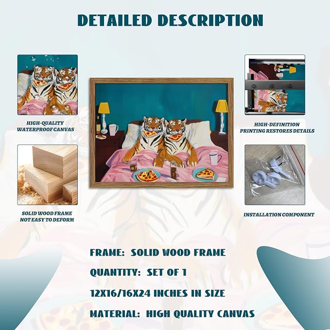 Framed Tiger Pizza Wall Art, Dopamine Wall Decor Canvas Print, Vintage Fun Tiger Eating Pizza in Bed Poster, Abstract Animal Picture Painting Art for Bedroom Living Room Home Decor 16x24 inch