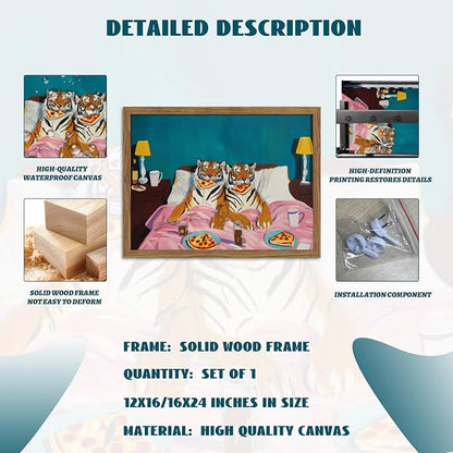 Framed Tiger Pizza Wall Art, Dopamine Wall Decor Canvas Print, Vintage Fun Tiger Eating Pizza in Bed Poster, Abstract Animal Picture Painting Art for Bedroom Living Room Home Decor 16x24 inch