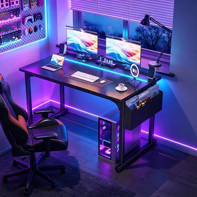 DurayLoly 48" Gaming Desk with Waterproof LED Lights, Carbon Fiber Desktop for Small Spaces | Home Office Study Computer Desk with Storage Bag & Headphone Hook, Black