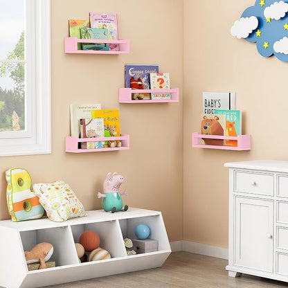 Forbena Pink Nursery Floating Shelves for Wall, Small Kids Wall Bookshelf for Baby Toddler Girls Room, Wood Nursery Hanging Book Shelves for Childrens Bedroom Toys Storage Organizer (Set of 4, Pink)
