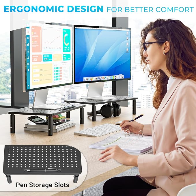BONTEC 1 Pack 3 Height Adjustable Monitor Stand Riser with Pen Holder, Ergonomic Metal Laptop Stand with Cable Management, Desktop Stand for Computer, Printer (Black, 14.3” x 9.1”)