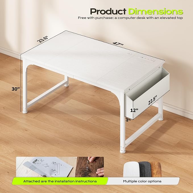 DurayLoly 47 x 24 inch Desk with RGB LED Lights & Power Outlets, Gaming Desk with Detachable Monitor Stand, 110LBS Load Capacity, Heavy Duty Small Computer Desk for Home Office, White
