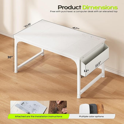 DurayLoly 47 x 24 inch Desk with RGB LED Lights & Power Outlets, Gaming Desk with Detachable Monitor Stand, 110LBS Load Capacity, Heavy Duty Small Computer Desk for Home Office, White