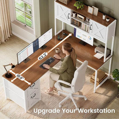 SEDETA Farmhouse L Shaped Desk with Hutch, Reversible 86.6" Computer Desk with Power Outlet, Drawers and LED Light for Home Office/Two Person, Corner Desk with Storage Shelves, White and Brown