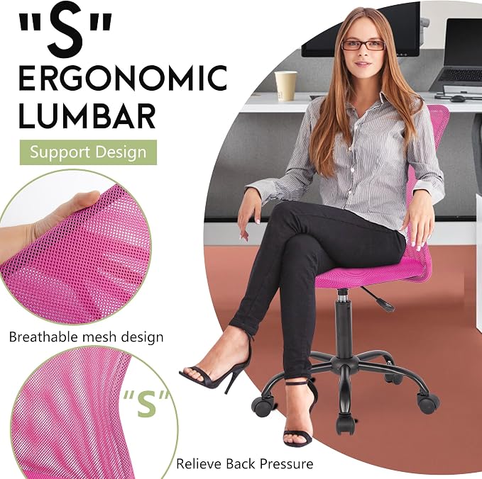 BestOffice Ergonomic Office Chair Desk Chair Mesh Computer Chair Armless Back Support Modern Executive Rolling Swivel Chair with Lumbar Support(Pink)