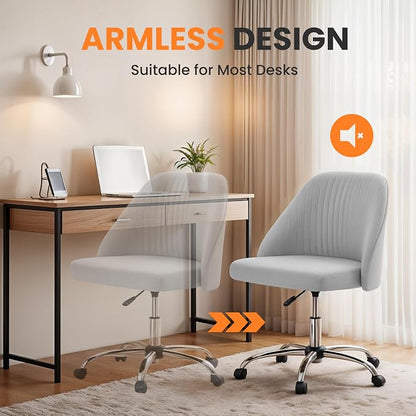 Simple Deluxe Armless Office Desk Chair, Modern Cute Swivel Vanity Chair Comfy Home Office Chairs with Wheels Height Adjustable Rolling Computer Task Stools for Living Room, Make-up, Bedroom, Grey